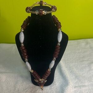 Elegant Brown and Silver Beaded Necklace and Bracelet Set